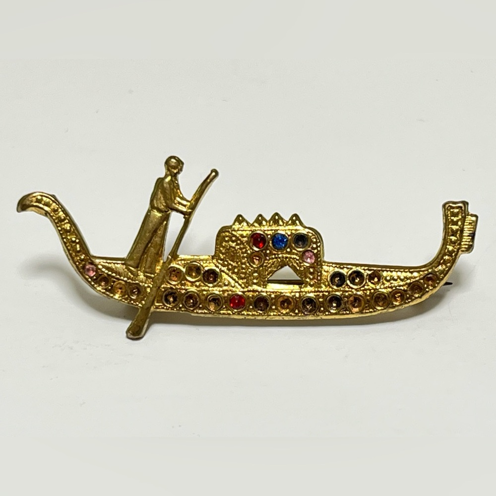 Vintage Gold-Tone Venetian Gondola Boat Brooch with Multicoloured Stones